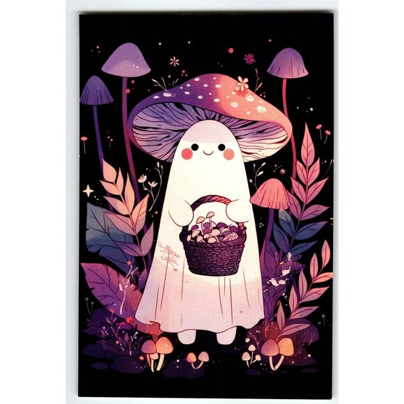 Cute Halloween Ghost Mushroom Basket Lithograph Postcard 5.5x4" - Picture 1 of 2